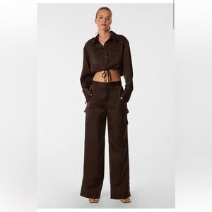 Brown Satin Cargo Pants with Matching Jacket